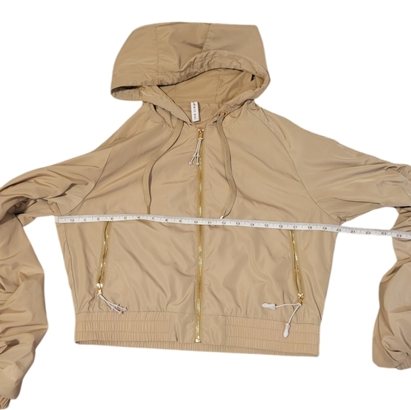 Adam Selman Sport Gathered Sleeve Track Jacket Windbreaker Chino Tan Zip Up Hood - Picture 5 of 11